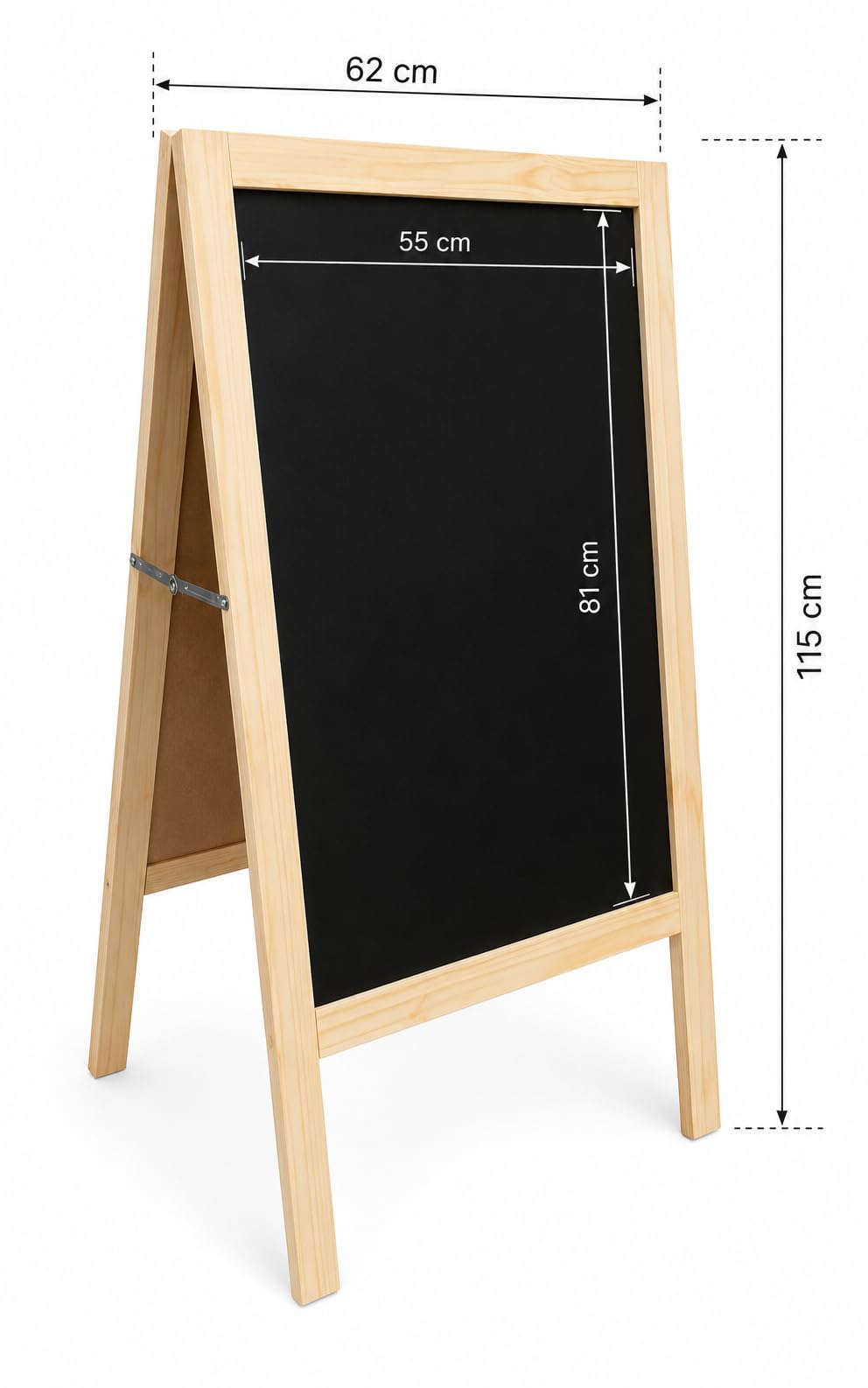 PIZARRA CABALLETE NEGRA en MADERA DE PINO NATURAL. EL COLOR DE LA PIZARRA ES PINO, NO ESTÁ PINTADA EN BLANCO. 120x60cm Válido para rotulador de tiza líquida y tiza convencional. 2 CARAS