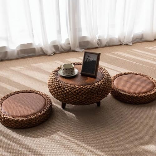 Table basse en rotin avec coussin de sol en bois massif pour salon