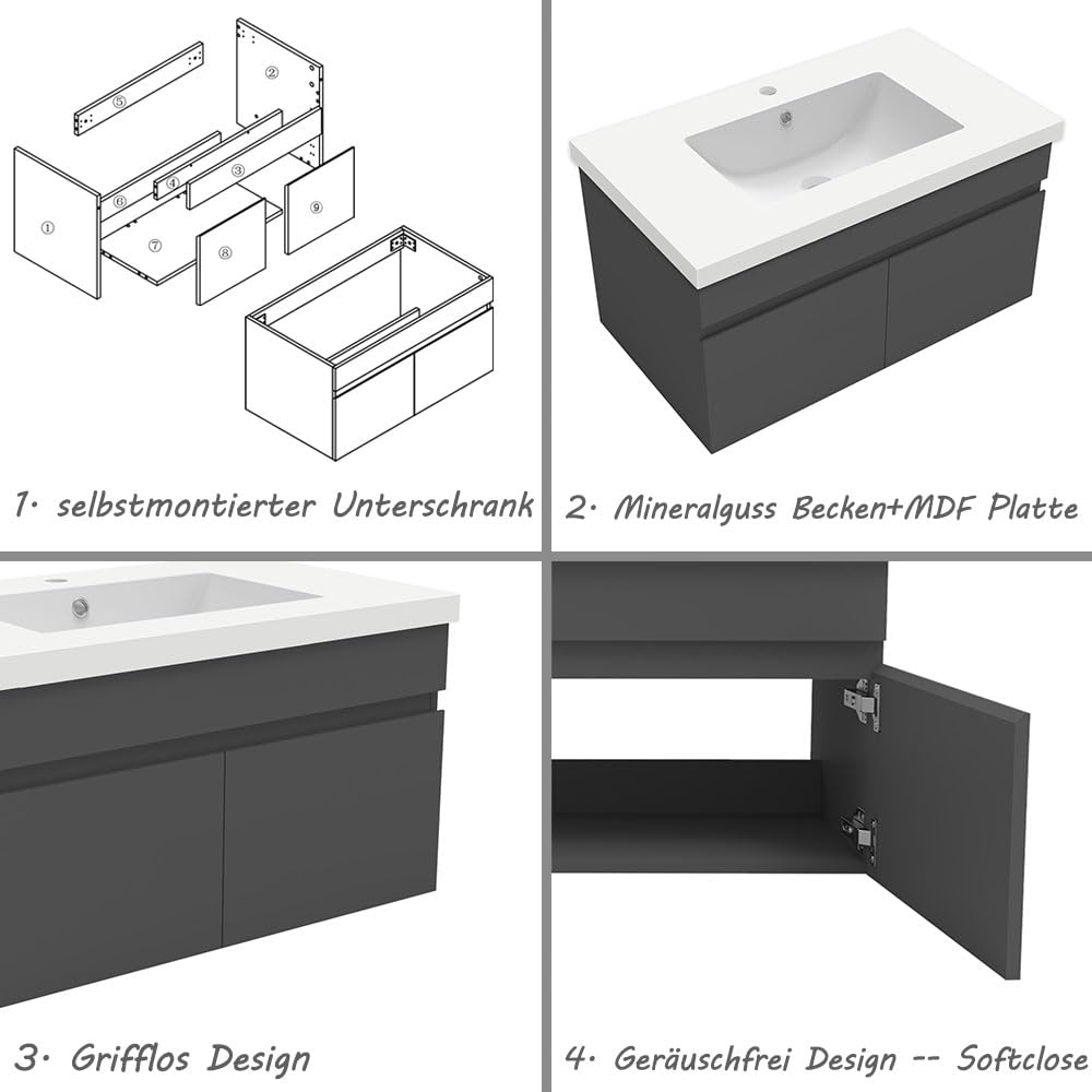 Badezimmer Badmöbel 80cm Mineralguss Waschtisch mit Unterschrank Hängeschrank Dunkelgrau Matt Badezimmerschränke Badschrank mit 2 Soft-Close Türen