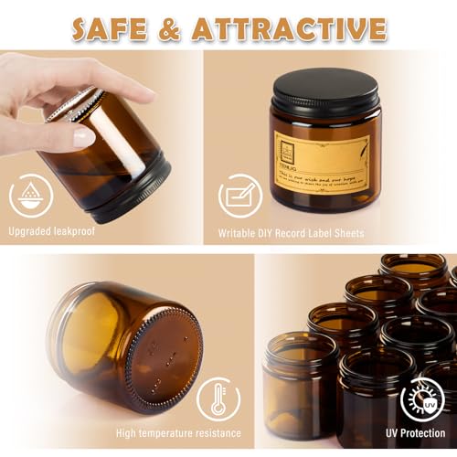4 oz Glass Jars with Lids,Amber,12 Pack Empty Cosmetic Containers with Inner lids and Inner Liners,Black Metal Lids,Refillable Round Airtight Jars,Use to store Lotion,Powders,Candle Making3