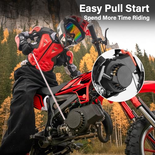 Image of Kids Dirt Bike Gas Powered, 50cc 2 Stroke 49cc Dirt Bike, Pit Bike Up to 24 MPH Pull Start, Gas Dirt Bike for Boys Girls Teens with Dual Disc Brake Inverted Fork Birthday Holiday Gift Black