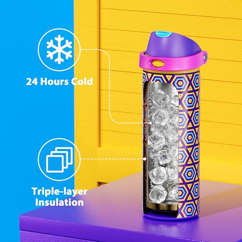 Image of 24 oz Insulated Water Bottle for Women: Meoky Stainless Steel Water Bottle with Holder and Shoulder Strap - Leak Proof, Cold for 24 Hours, Protective Silicone Base, BPA-Free for Travel Gym, Neon Beat