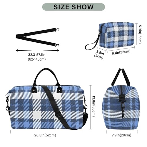 Bolaz Duffle Bag for Travel-Navy Blue Plaid Check，Weekender Overnight Bag with Wet Pocket for Women，Large Carry On Airport Bag with Toiletry Bag for Travel, Business Trips, Sports3