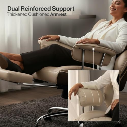 Image of DROGO Premium Leatherette Ergonomic Office Chair for Work from Home, Desk Computer Chair with Spacious Cushion Seat, Soft Armrest, Head & Lumbar Support (Cream)