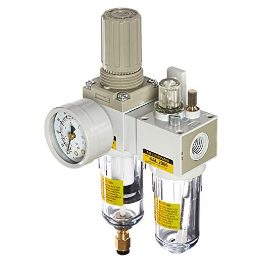 PneumaticPlus SAU2010M-N02DG Mini Two-Unit Compressed Air Filter Regulator Lubricator Piggyback Combo 1/4" NPT - Poly Bowl, Auto Drain, Gauge