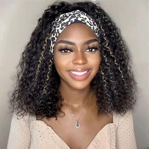 Image of Headband Wig Curly 1B /27 Deep Wave 12 Inches 100% Human Hair ,Headband wigs for black women Glueless None Lace Front Wigs Machine Made 150% Density headband wig human hair with Headbands(12 Inches)