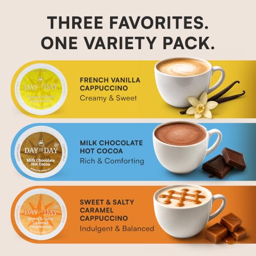 Image of Day To Day Coffee Cappuccino, Hot Cocoa Variety Pack, 120 Count Single Serve Pods, French Vanilla Cappuccino, Milk Chocolate Hot Cocoa and Sweet Salty Caramel Cappuccino, Compatible with Keurig K-Cup Brewers, Family Friendly