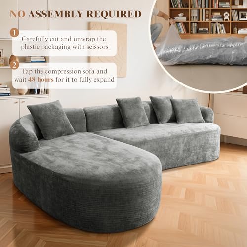 Image of 99 inch Curved Sectional Sofa with Chaise, Gray, Left Chaise+Right Sofa | Modern Boneless Couch, Deep Seat, L Shaped 3-Seater Cloud Couch, No Assembly Needed, Chenille