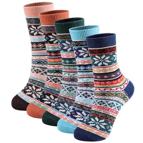Image of Wool Socks for Women Men, Winter Warm Knit Crew Boot Socks 5 Pairs