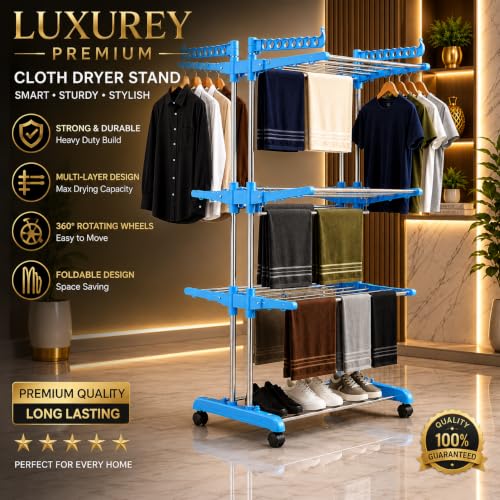 Image of SUNDRY Clothes Drying Stand 3Tier Foldable Stainless Steel Laundry Drying Rack with Wheels | Heavy Duty Garment Hanger Rack | Space Saving Indoor Outdoor Cloth Dryer Stand Sky Blue