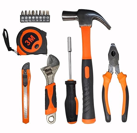 IBELL HT17-30 Hand Tool Kit (14 Pieces) | DIY & Household Repair Set with Screwdriver, Claw Hammer, Plier, Wrench, Knife, Measuring Tape & Bits | Durable Steel Tools in Hard Carry Case 1
