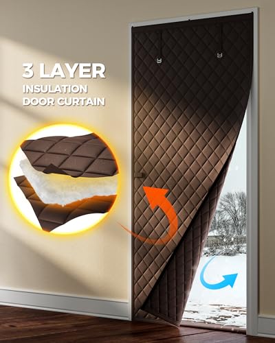 Image of Augblinds Thermal Insulated Door Curtain Fits Door Size 38 x 83 Inch, Oxford Cloth Thicken Cotton Filled, Curtain Size 41 inch x 85 inch, Single Piece Door Insulation Blanket Cover for Cold in Winter, Brown