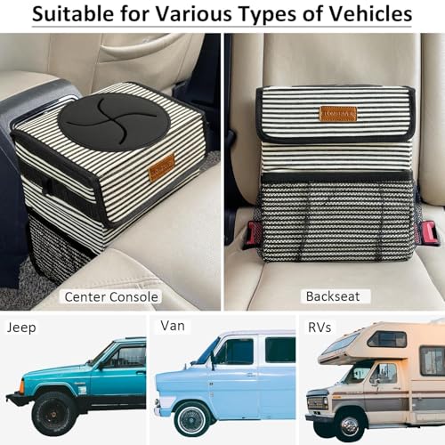 Image of ELONGRIVER Car Trash Can for Car with Lid, Car Organizer Can Trash Bag Hanging Leak Proof Vehicle Trash Can (Stripe Print, 2 Gallons)