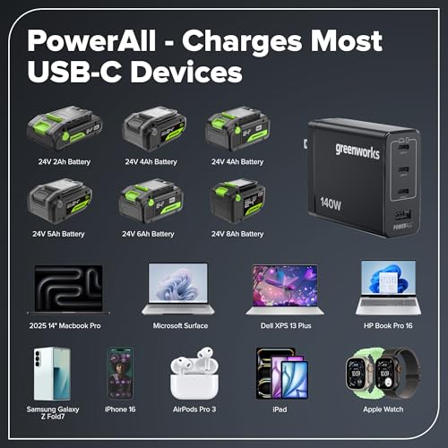 Image of Greenworks 24V Brushless 10PC TOOL, Drill+Impact Driver+Circular Saw+Recip Saw+Jig Saw+Sander+Light+Multi-Tool+Nailer+Grinder (2) 4.0Ah+2.0Ah Batteries (24,000mAh PB) USB-C Charger, High Efficiency