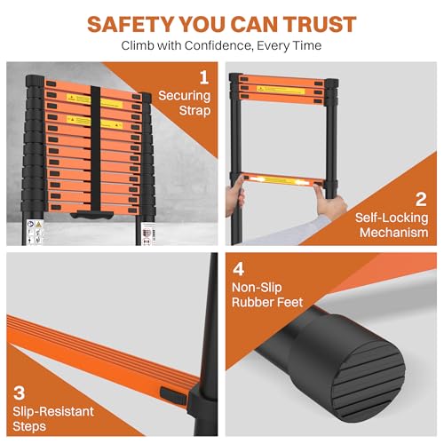 Image of BonKaso Telescopic Ladder, 3.8m / 12.5Ft, 13 Steps - Heavy-Duty Foldable Alloy Steel Ladder | Anti-Slip, 150kg Load Capacity, Rustproof & EN131 Certified - Matt Black & Orange