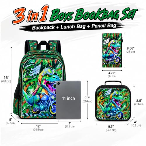 Image of UFNDC 3PCS Boys Backpack,16 inchKids Dinosaur Bookbag with Lunch Box, School Bag for Elementary Toddler