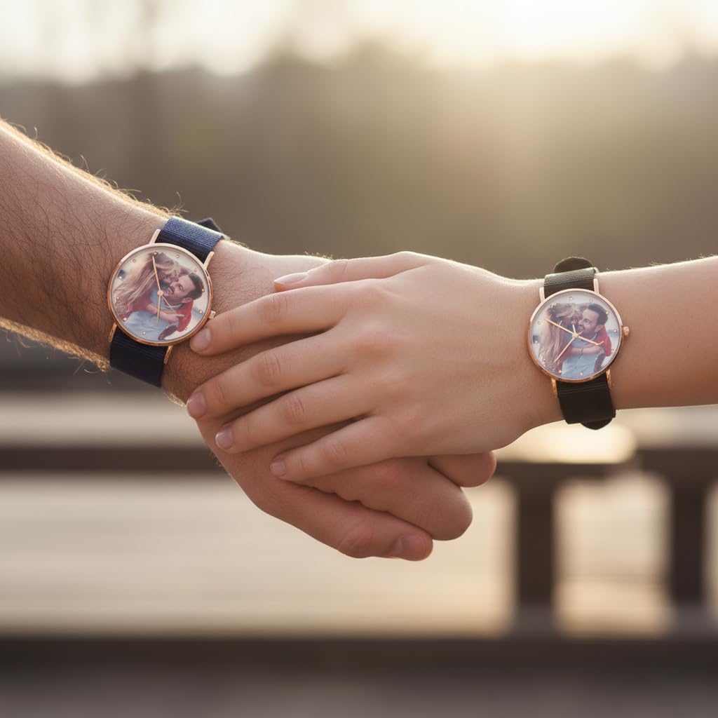 Reloj de fotos personalizado para parejas, reloj de cuarzo personalizado, correa de lona duradera, caja de oro rosa, adecuado para llevar en el día de San Valentín, cumpleaños y aniversario.