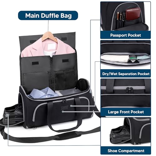 Convertbile Garment Duffle Bags for Travel, Carry on Garment Bag for Men Women - 4 in 1 Hanging Suit Business Travel Bag with Double Back Strap and Detachable Shoulder, Waterproof -Black4