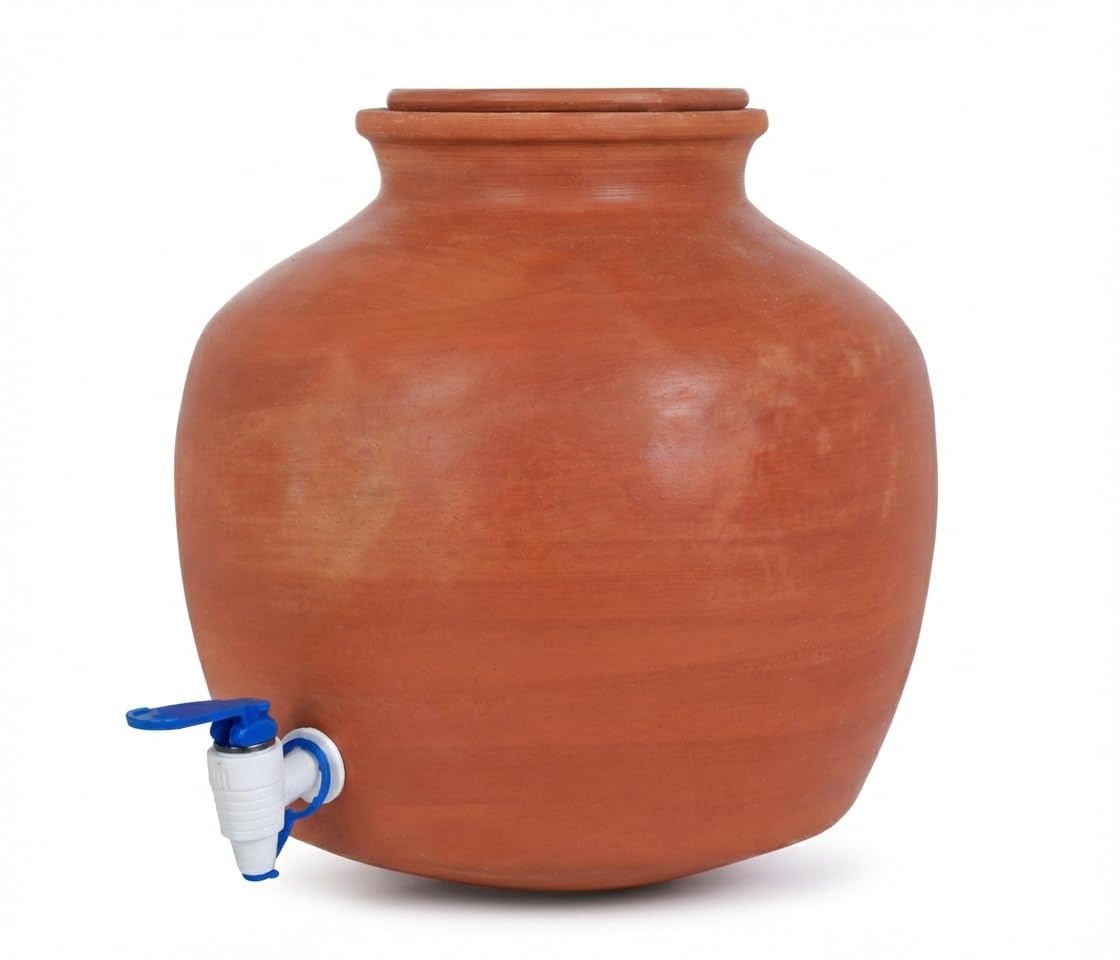 Terracotta Clay Water Pot | Earthenware Pot for Storing Water with Lid | Mitti ka Matka - 9 litres | Pani ka ghada | Matki with Tap & 1 Clay Glass