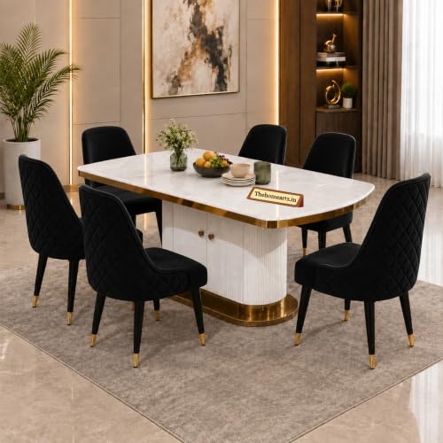 Image of 6-Seater Modern Elite Opal Storage Wooden Dining Table Set | 2 Year Warranty | Created Italian Statuario Marble Top | Elegant Composite Marble Table with 6 Chairs (Black)