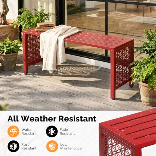 Image of VINGLI 40in Outdoor Metal Bench, All-Weathe Backless Patio Bench with Slatted Seat＆Floral Side Panels, Rust-Resistant Garden Bench, Weatherproof Outdoor Seating for Porch Entryway Backyard (Red)