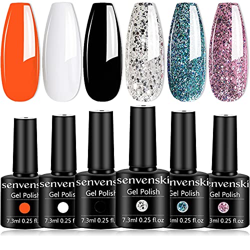Senvenski Gel Nail Polish Orange Coral White Black Blue Pink Glitter Starrily Diamond Shimmer Crystal Girlfriend Gift Soak Off UV LED Manicure Art Varnish Kit Set DIY at Home 6 Colors (CS6-012)