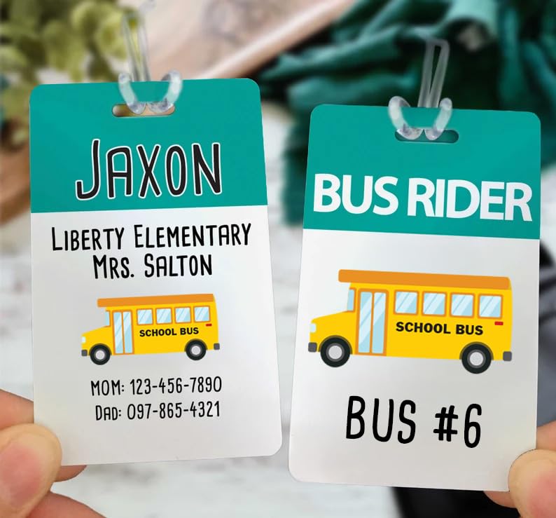 Custom Kids Bag Tag for Backpack | Input Your Name, Contact Info, School Info, Transportation Info, Clipart & Colors | Personalized Mode of Transportation ID tag for Children | Back to School2