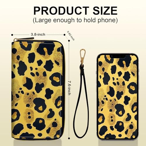 Women's Card Holder Wristlet Wallet, Convenient Travel Long Wallet with Strap and Pink Compact Mirror, Fashion and Sturdy Wristlet Long Purse for Women, Yellow Leopard Print3
