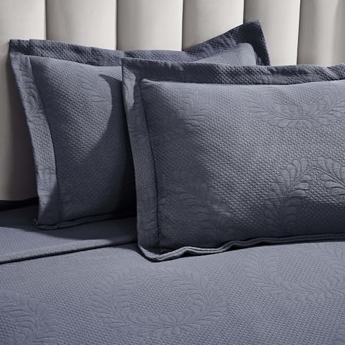 Superior 3 Piece Cotton Bedspread Set, Home Bed Decor, Decorative Bed Spread, 2 Pillow Shams, Medium Weight Blanket, Matelasse Coverlet, Bedding Essentials, Peploi Collection, King, Denim Blue