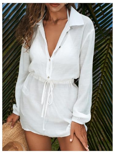 Milumia Women's Long Sleeve Bikini Cover Ups Collared Button Down Beach Shirt Dresses2