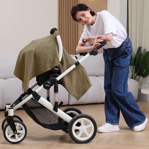 Image of 100% Muslin Cotton Car Seat Cover Baby, Carseat Canopy Cover, Universal Fit Stroller Covers for Boys and Girls (Coffee)