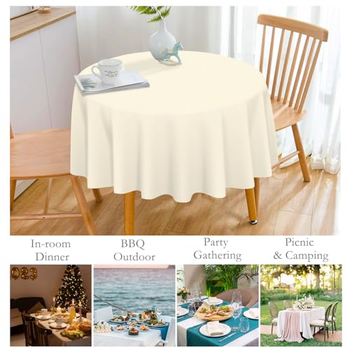 Image of Mulbozy 12 Pack Ivory Round Tablecloth, 84 Inches Plastic Table Cover, Premium Disposable Round Party Tablecloth for Restaurant Dinners, Wedding, Grad Party, Baby Shower, Outdoor Camping