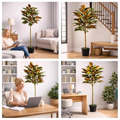Image of Artificial Fiddle Leaf Plant - 90 cm Tall Faux Tropical Decorative Plant for Indoor Outdoor Home, Office, Balcony & Living Room Decor