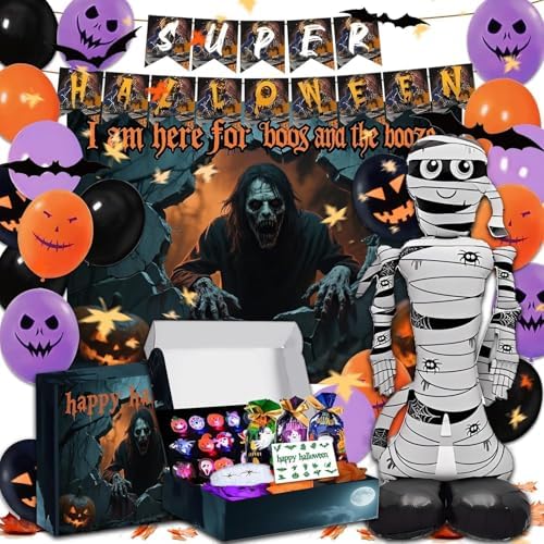 117 Pcs Halloween Decorations 5 Ft Jumbo Foil Balloon Happy Banner 60 Pcs Balloons Treat or Trick Goodie Bags Spider Bat Banner Foil Curtains Adult Party Supplies