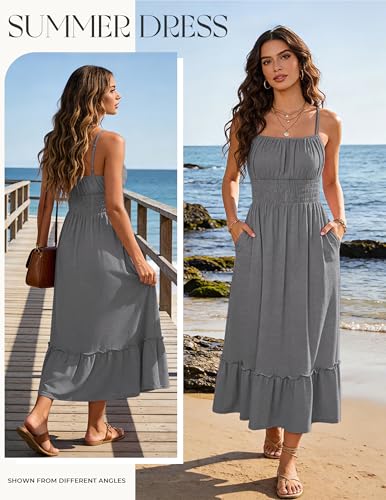 Image of GRACE KARIN Women's Summer Maxi Dress 2026,Smocked Ruched Bust Sundress with Adjustable Straps & Pockets-Beach Vacation Dress