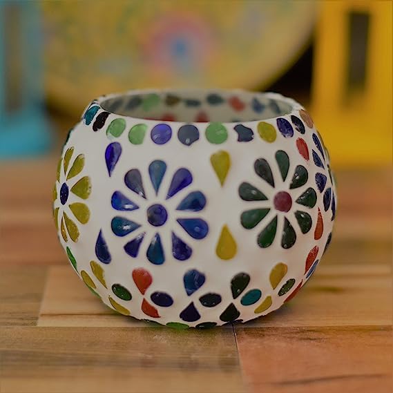 Image of Home Decor | Roli Poli Tealight Votive | Tealight Candle Holder | Mosaic Broken Glass Tea Light Votive - Assorted Multicolored (Set of Two)