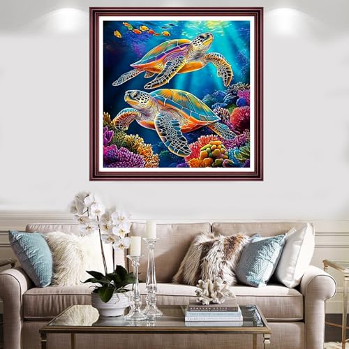 Image of Redxing Stamped Cross Stitch Kits Full Range of Embroidery Starter Kits- Needlepoint Counted Cross Stitch Kits for Beginner Adults 11CT Printed Embroidery Kit-Rainbow Turtle Coral 18x18 inch