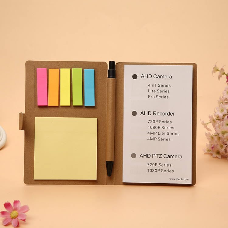 Image of AccuPrints Compact Sticky Notes Organizer with Pen Holder Kraft Paper Cover Colorful Sticky Tabs Button Closure 15.3x10cm