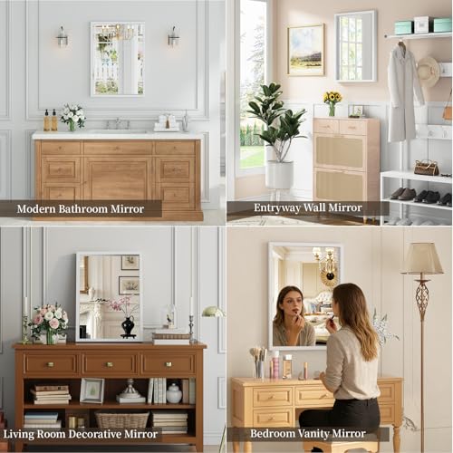 Image of Syndra White Wood Frame Bathroom Mirror, 22''x30'' Modern Vanity Mirror for Wall, Waterproof Slim Deep Frame, Rectangular HD Tempered Glass Mirror for Living Room, Bedroom, Entryway, Rustic, Farmhouse