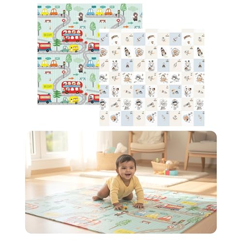 Image of Kids Station Double-Sided Waterproof Baby Playmat - Foldable, Portable & Reversible Foam Mat for Infants, Toddlers & Kids - Soft, Non-Slip, Easy-to-Clean Baby Crawling Mat for Indoor /Outdoor Use (200x150x0.8cm, City & Rocket Print)