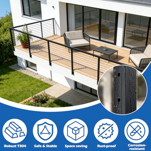 Image of 4-10ft Complete Set 36 inch Side Mount Level Railing Post Kit, 2 Pack Black Fascia Mount Level Drilled Post, 150ft 1 /8 inch Stainless Steel Cable(No Handrail), Swageless Cable Railing Kit, MY10-LP