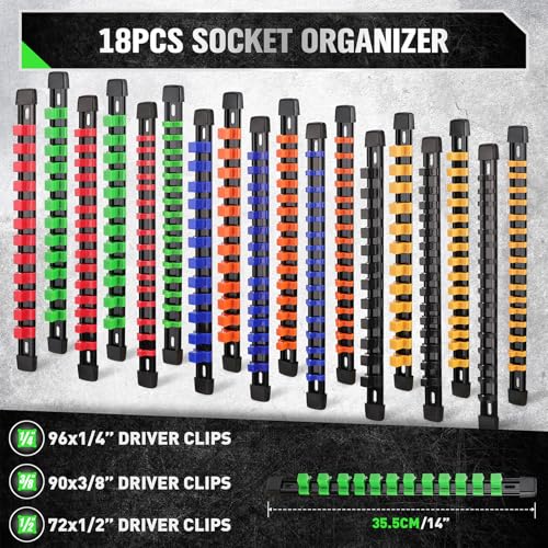 22-Piece Socket Organizer & Magnetic Wrench Organizer Set, 1/4", 3/8", 1/2" Drive Socket Holder, Total 64 Slots Metric & SAE Magnetic Wrench Holder (Socket, Wrenches not Included)