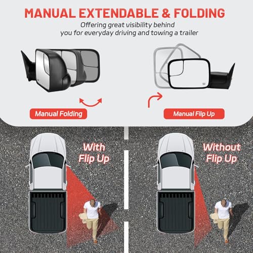 Towing Mirrors a Pair Compatible for 1998-2001 Dodge Ram 1500, 1998-2002 for Ram 2500 3500 Power Heated, Power Adjustable, Manual Folding, Left and Right Side