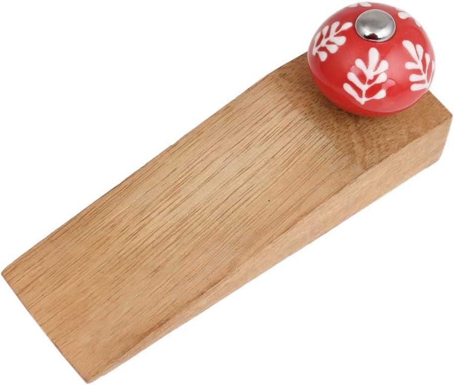 IndianShelf 1 Piece Ceramic, Wood Decorative Door Stoppers for Bottom of Door- Red, White Heavy Duty Non Slip Rubber Base Door Wedges- Sturdy Floor Door Stop for Inside and Outside