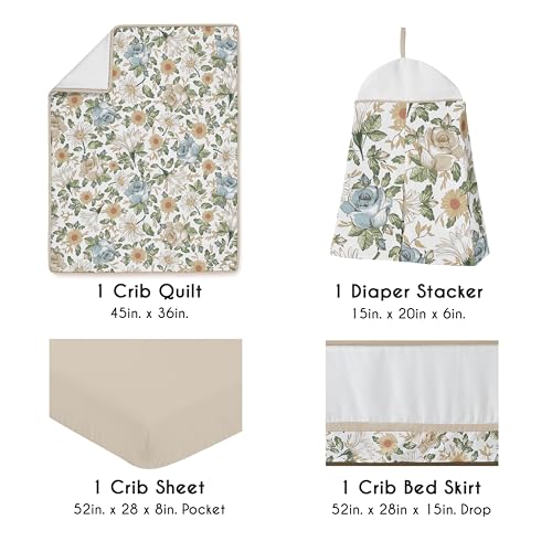 Image of Sweet Jojo Designs 4-Piece Baby Crib Bedding Set (Blue Boho Vintage Floral) for Girls, Infants /Nursery incl. Blanket, Fitted Sheet, Skirt, Diaper Stacker (Shabby Chic Rose, Daisy, Bohemian Wildflower)