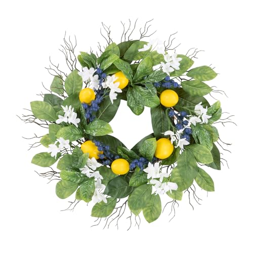 UArtlines 24 Inch Lemon Wreath for Front Door Spring Summer Door Wreaths with Fake Lemons Blueberry Greenery Wreath for All Seasons Window Wall Wedding Indoor Outdoor Decor