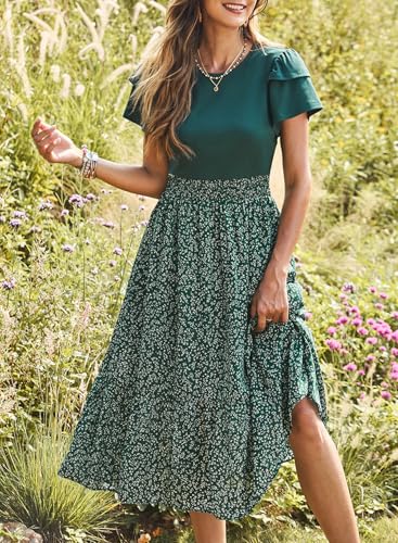 Image of Dokotoo Women's 2026 Summer Dress Short Sleeve Crew Neck Casual Floral Print Long Flowy Dresses Maxi Dresses