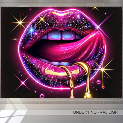 Image of BlissYard Black Light Tapestry Lip Tapestry Glowing 78x59 Inch Home Living Room Bedroom Party Decor Photo Shoot Props Bedroom Neon Wallpaper Poster for University Dormitory