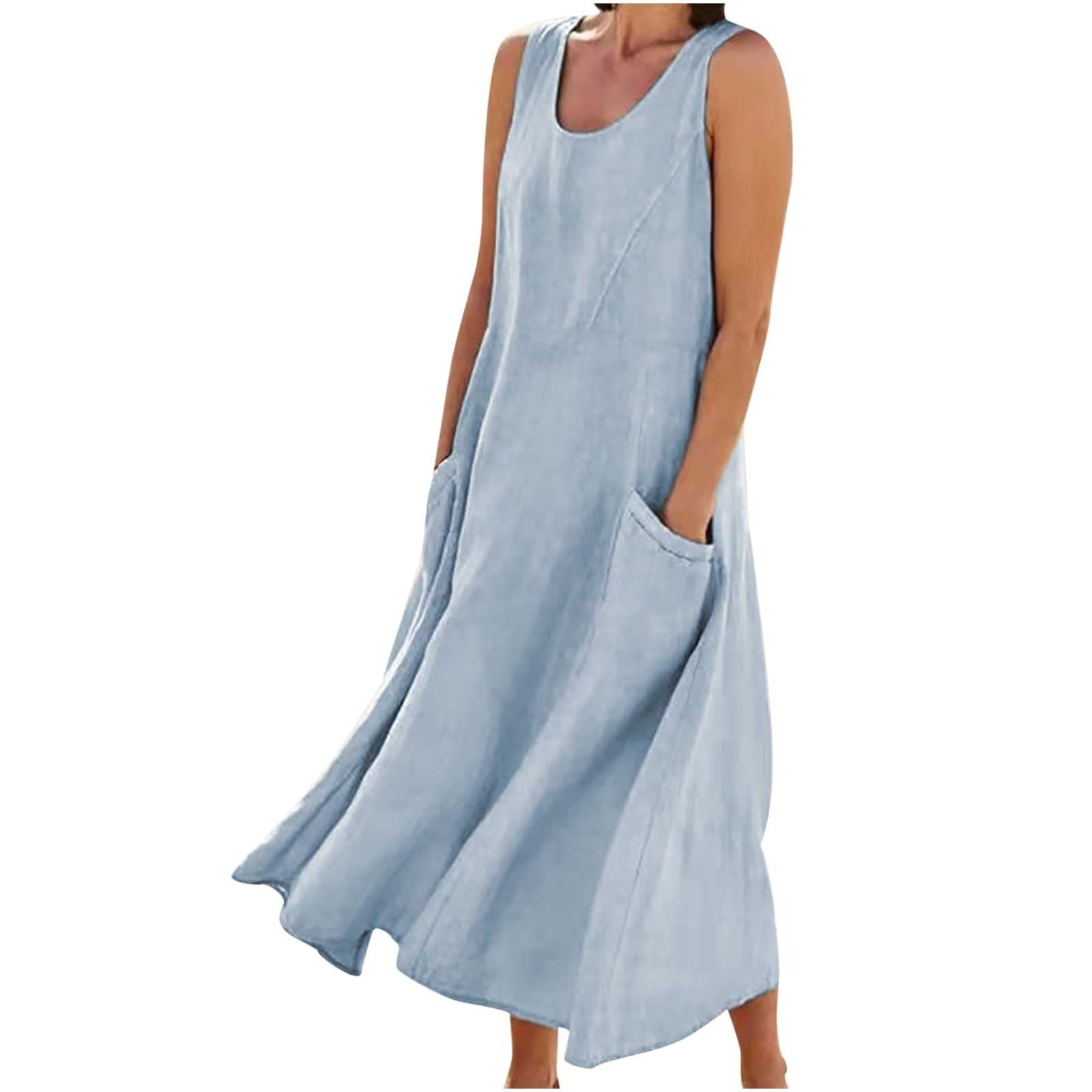 SMIDOW Cotton Dresses for Women Casual Summer 2024 Solid Beach Flowy Tshirt Sundress Sleeveless Tank Long Dress with Pockets