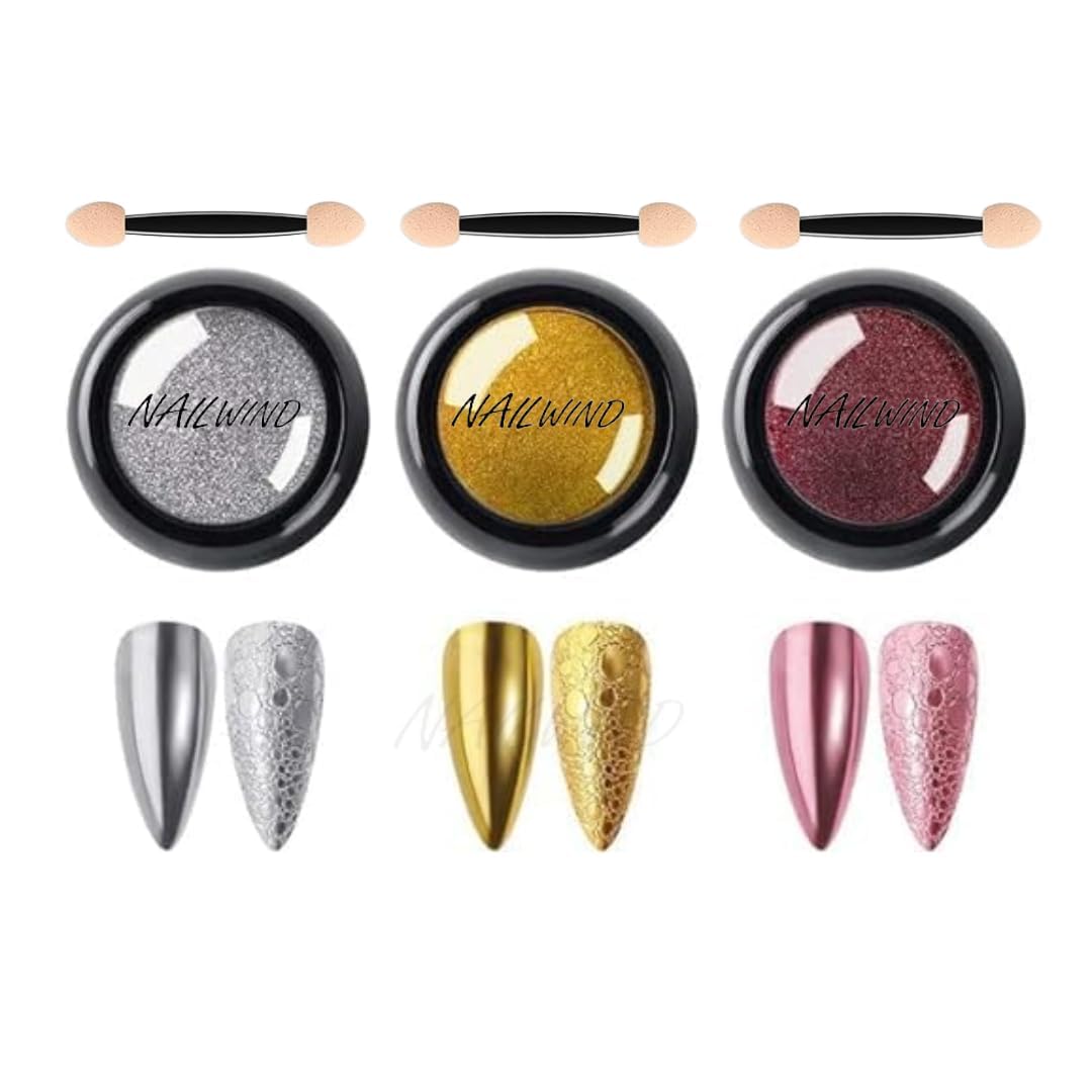 NAILWIND Chrome Nail Powder Set – 3 Colors Metallic Glitter Pigment, Mirror Effect Holographic Powder for Nail Art, Silver & Rose Gold Chrome Dust for UV Gel, Manicure Decoration Pigment